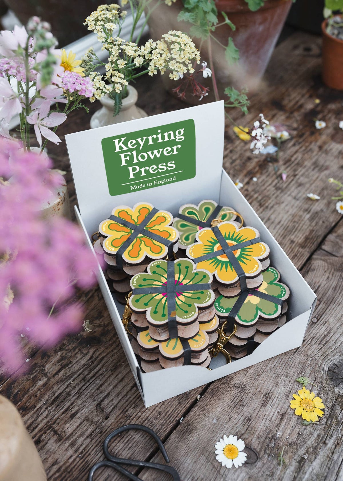 Greens and Yellows Keyring Flower Press by Studio Wald
