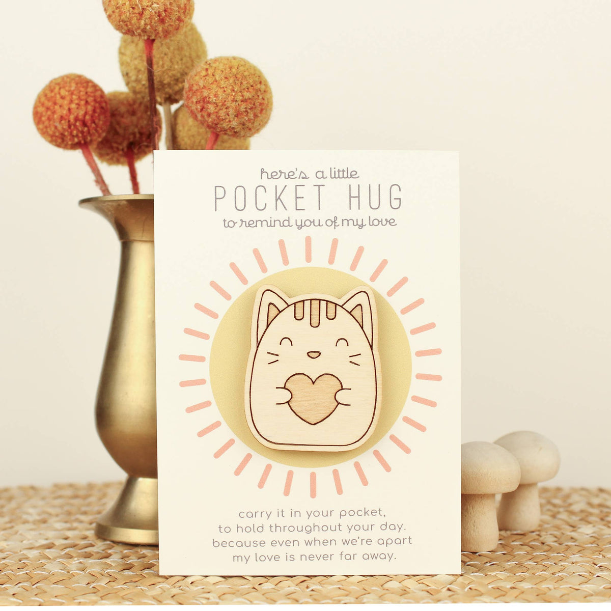 Wooden Pocket Hug, Cat. Thinking of You Gift by oh, little wren