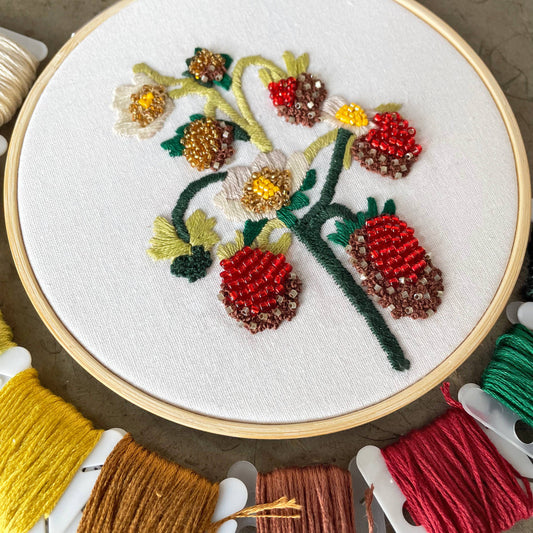 DIY Embroidery and Beadwork Kit - Strawberry Blossoms (5")