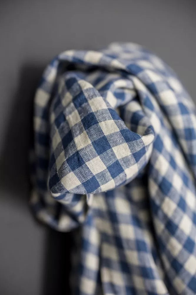 A close-up of a blue and white gingham checkered fabric, likely a kitchen towel or cloth, draped against a dark gray background.