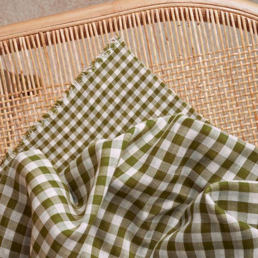 Cotton Gingham Off-White Matcha Leaf Fabric by Atelier Brunette