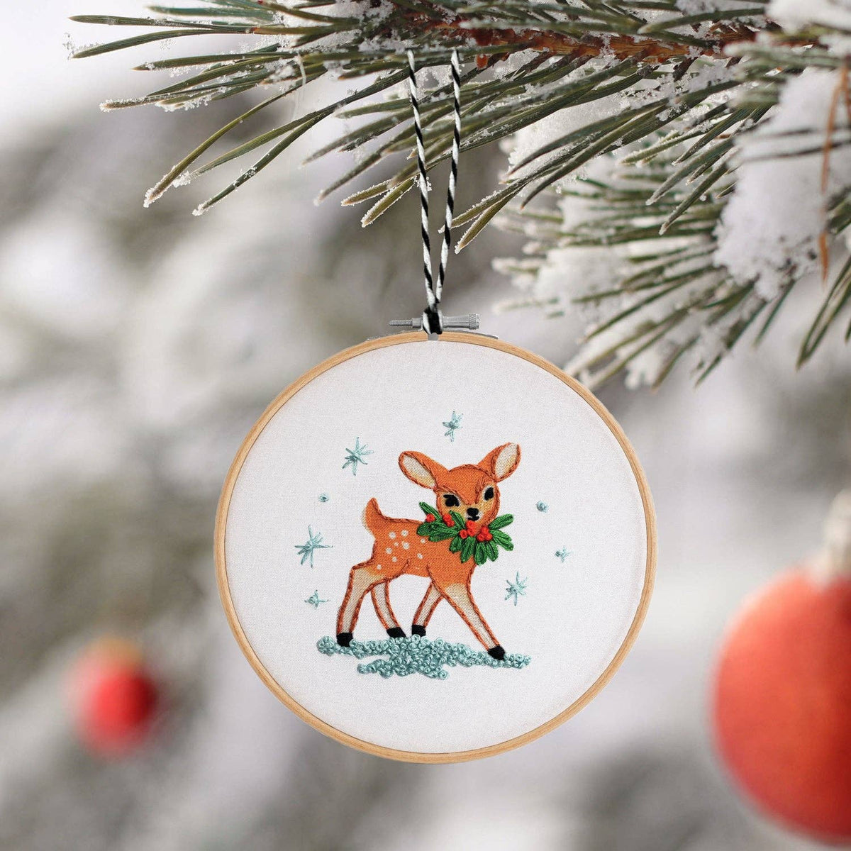 Hand Embroidery Ornament Kit, Festive Deer by Antiquaria Mercantile